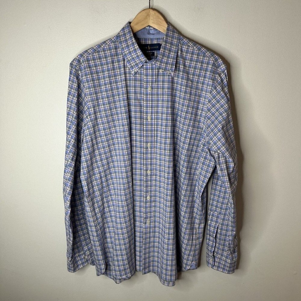 Ralph Lauren Blue Label‎ Blue Plaid Long Sleeve Collared Cotton Stretch Shirt L